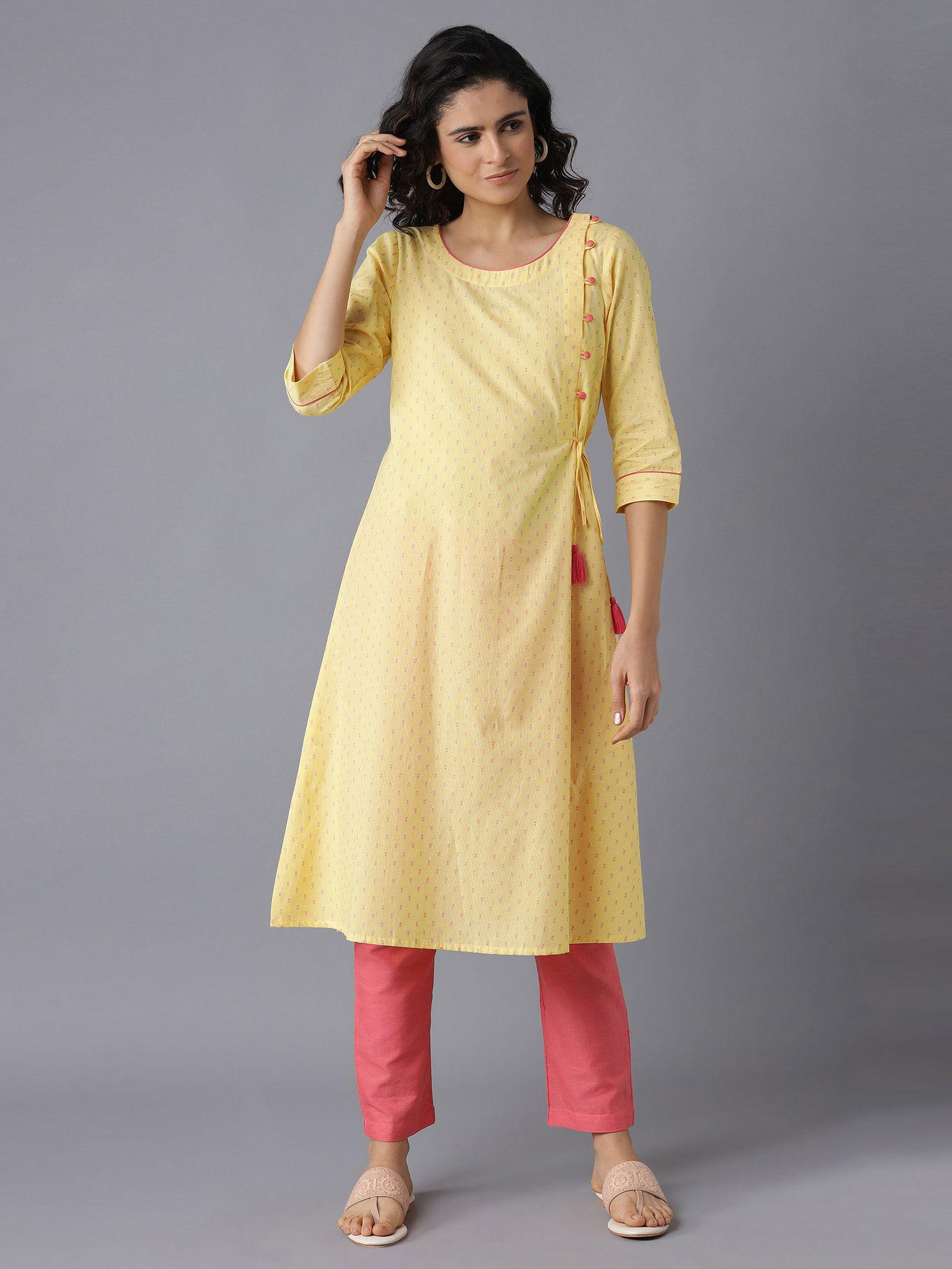 yellow printed a-line kurta-pink trousers (set of 2)