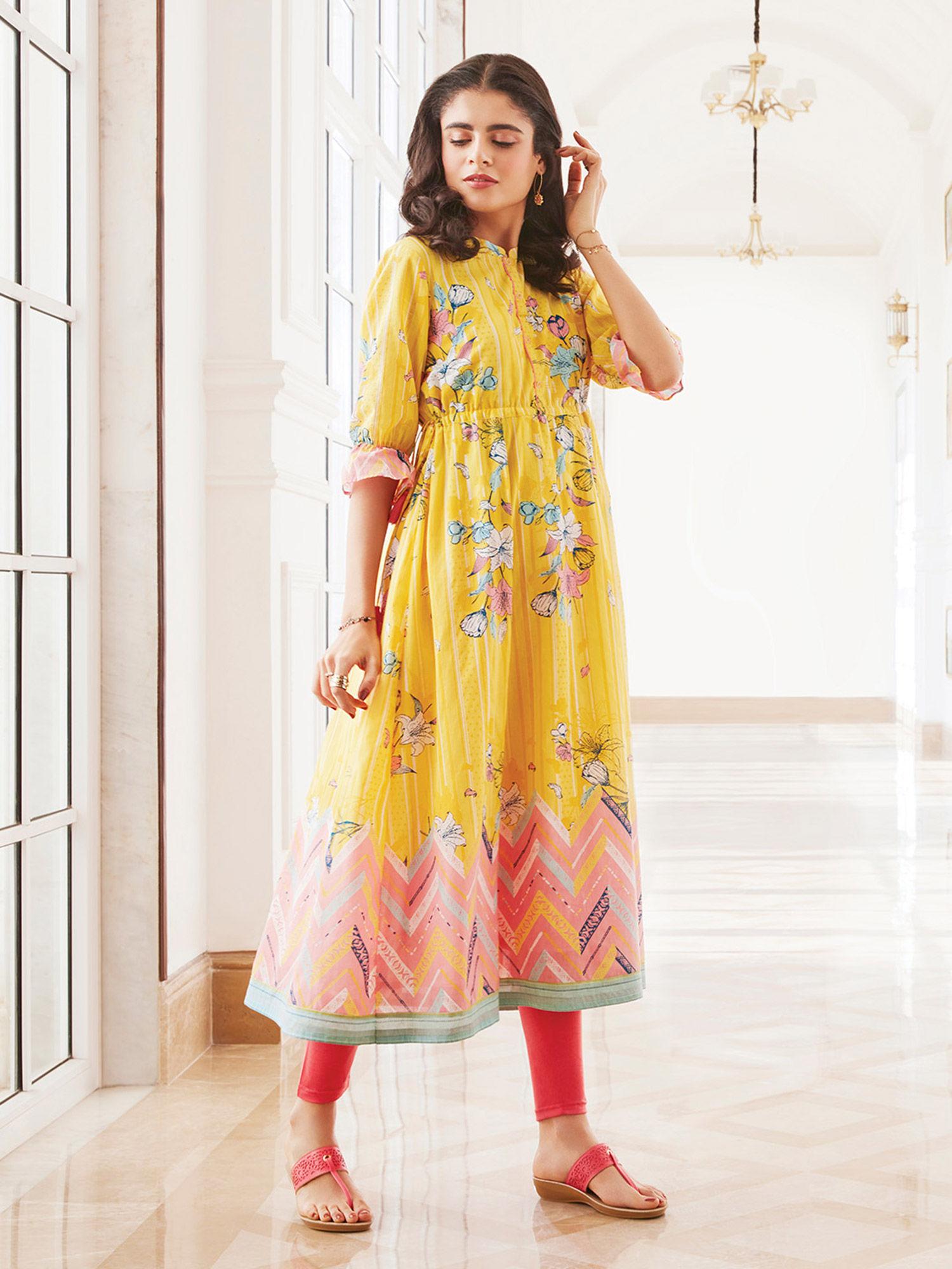 yellow printed a-line kurta