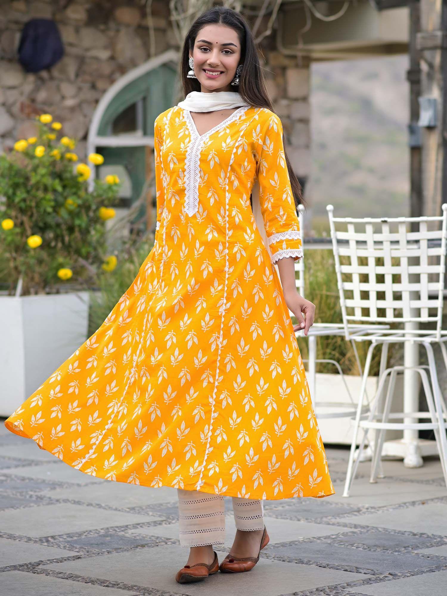 yellow printed a line kurta