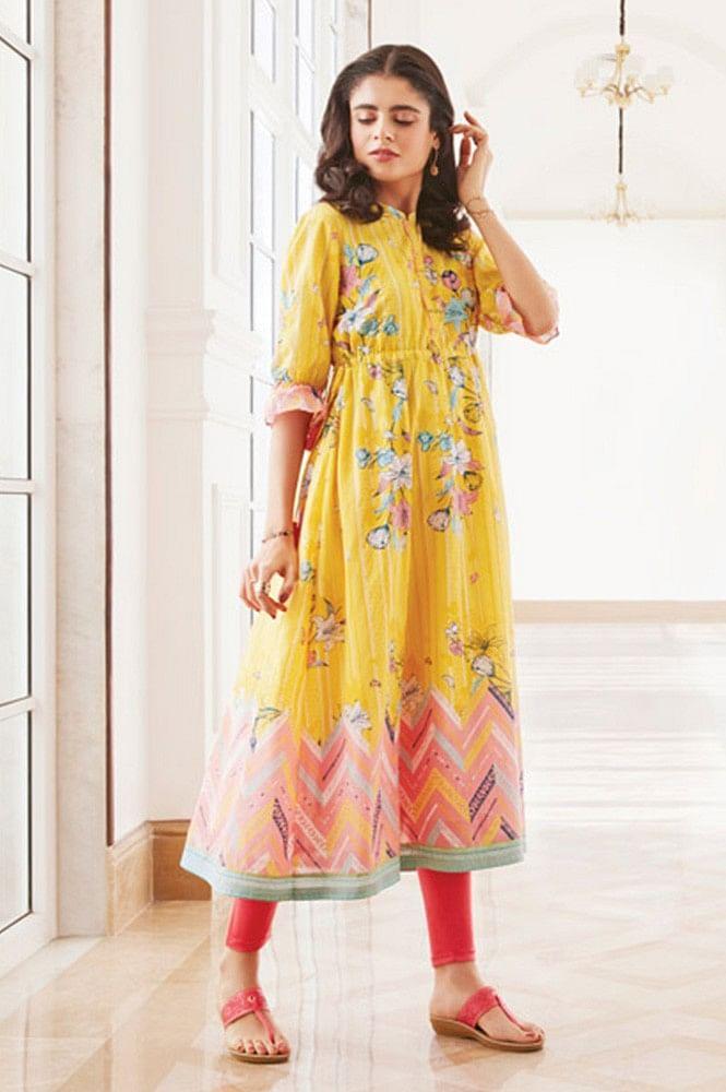 yellow printed a-line kurta