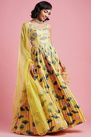 yellow printed anarkali set