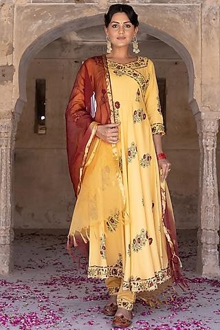 yellow printed angrakha kurta set