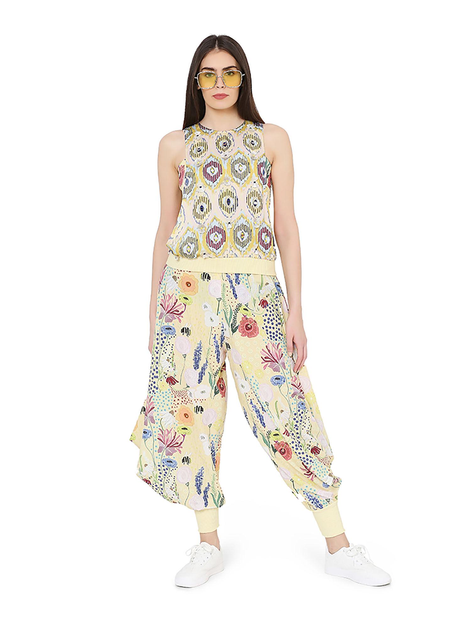 yellow printed art crepe top with bustier and cowl pant set (set of 3)