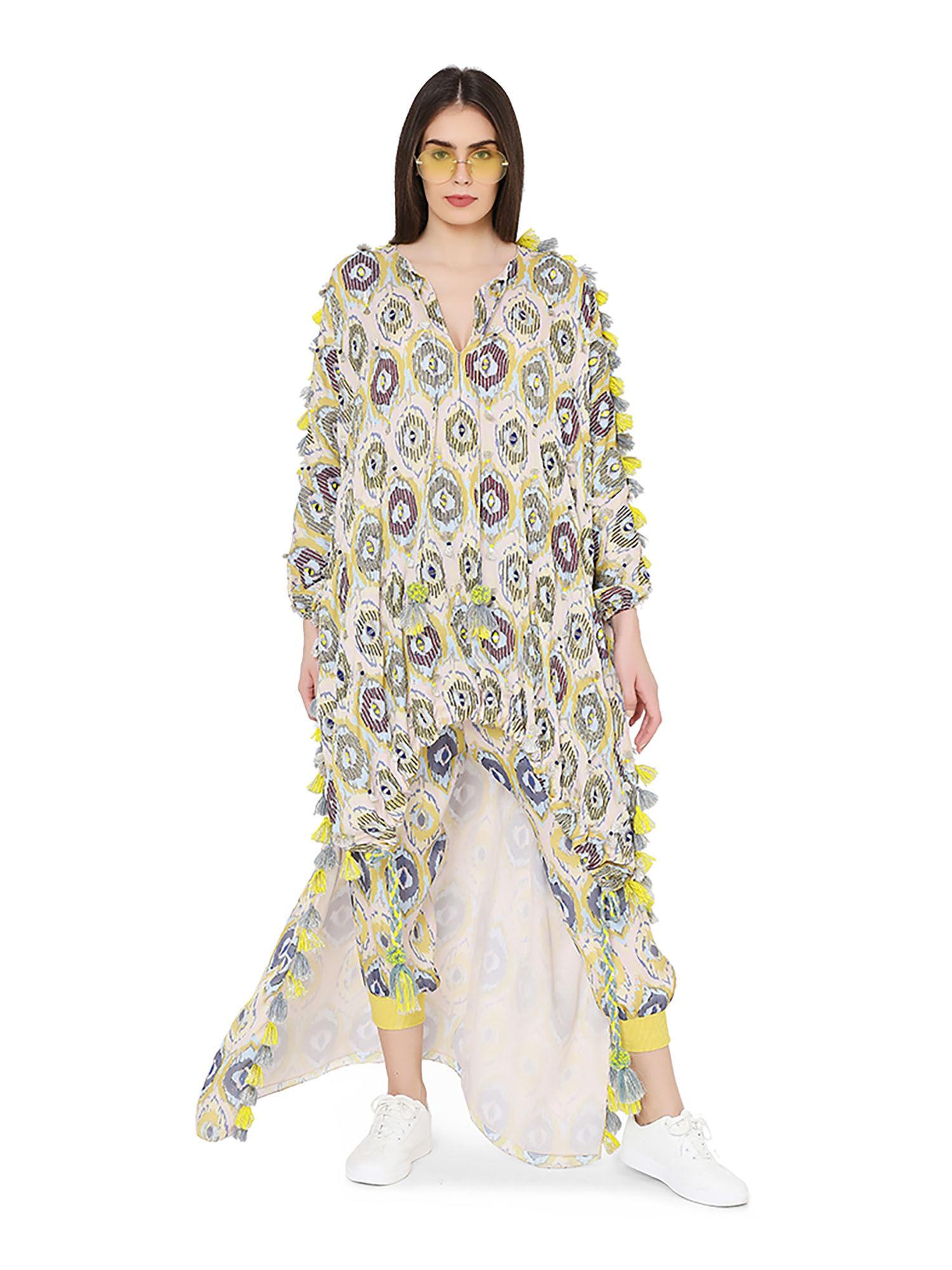 yellow printed art oversized high-low kaftan top with jogger pant (set of 2)