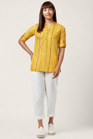 yellow printed casual 3/4th sleeves mandarin women regular fit tunic