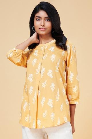 yellow printed casual 3/4th sleeves round neck women regular fit tunic