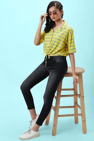 yellow printed casual elbow sleeves resort collar women regular fit shirt