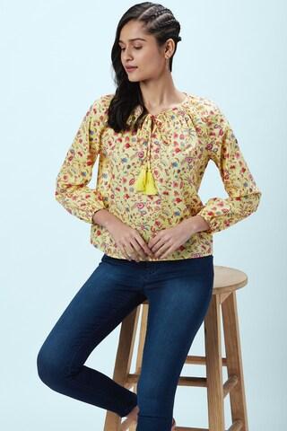 yellow printed casual full sleeves round neck women comfort fit top