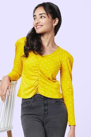 yellow printed casual full sleeves v neck women regular fit top