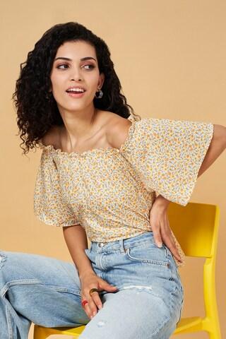 yellow printed casual half sleeves off shoulder women regular fit top