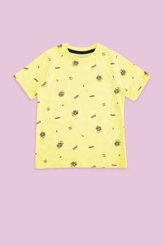 yellow printed casual half sleeves round neck boys regular fit t-shirt