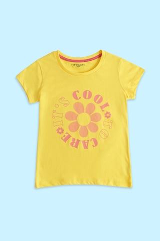 yellow printed casual half sleeves round neck girls regular fit t-shirt