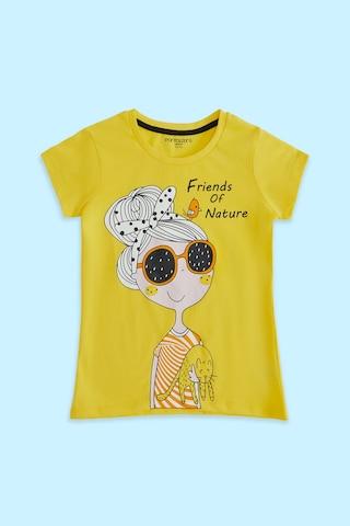 yellow printed casual half sleeves round neck girls regular fit t-shirt