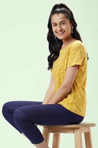 yellow printed casual half sleeves round neck women regular fit t-shirt