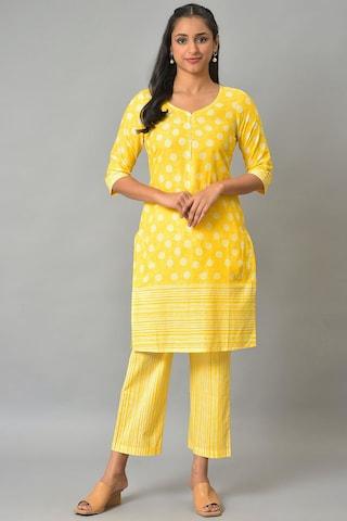 yellow printed casual round neck 3/4th sleeves ankle-length women regular fit pant kurta set