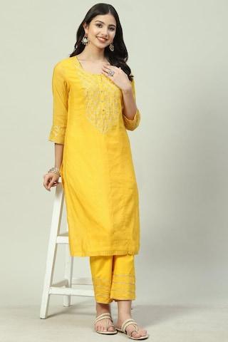 yellow printed casual round neck 3/4th sleeves ankle-length women straight fit kurta pant set
