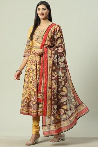 yellow printed casual round neck 3/4th sleeves full length women flared fit churidar kurta dupatta set