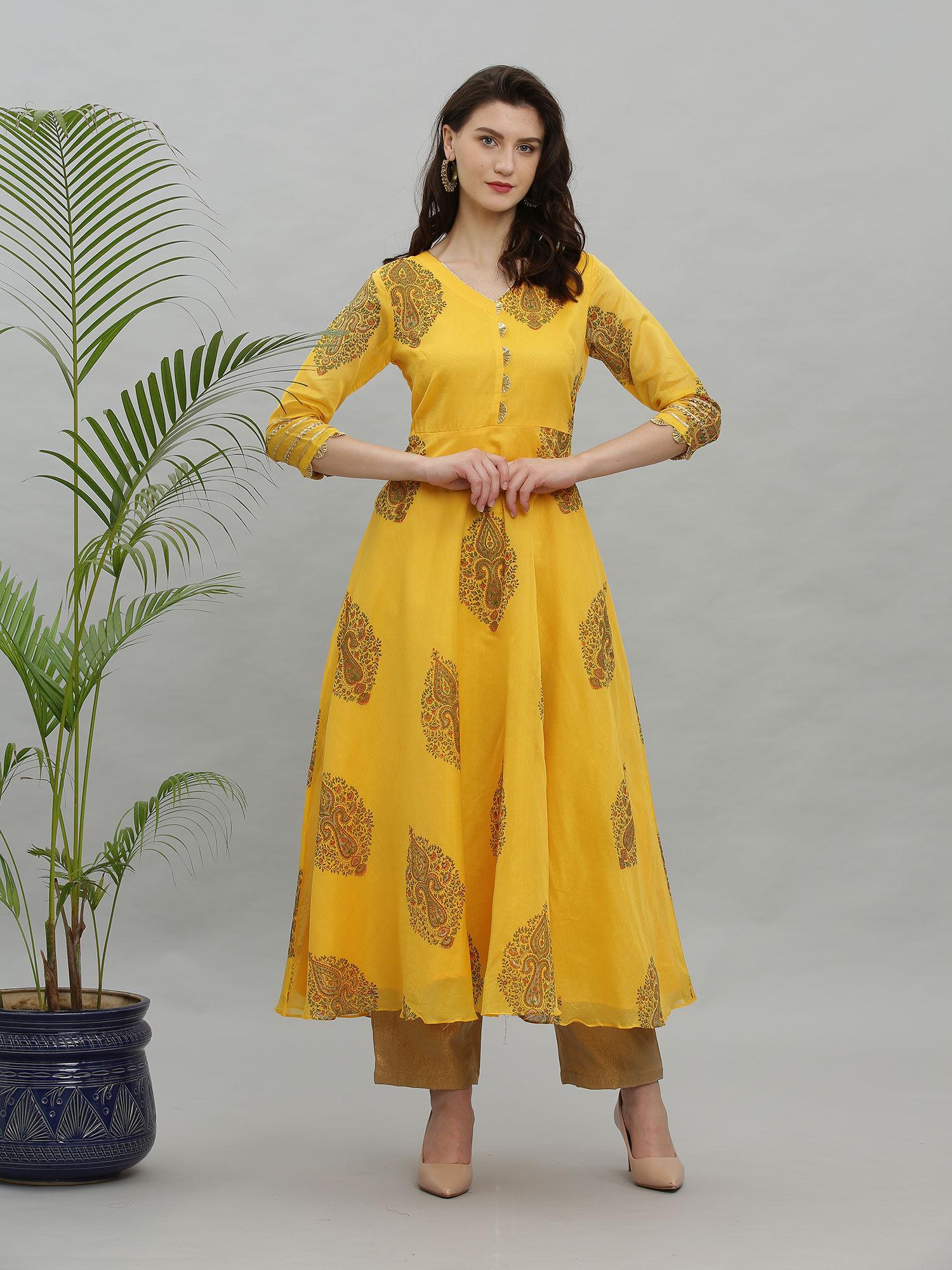 yellow printed chanderi kurta pants - (set of 2)