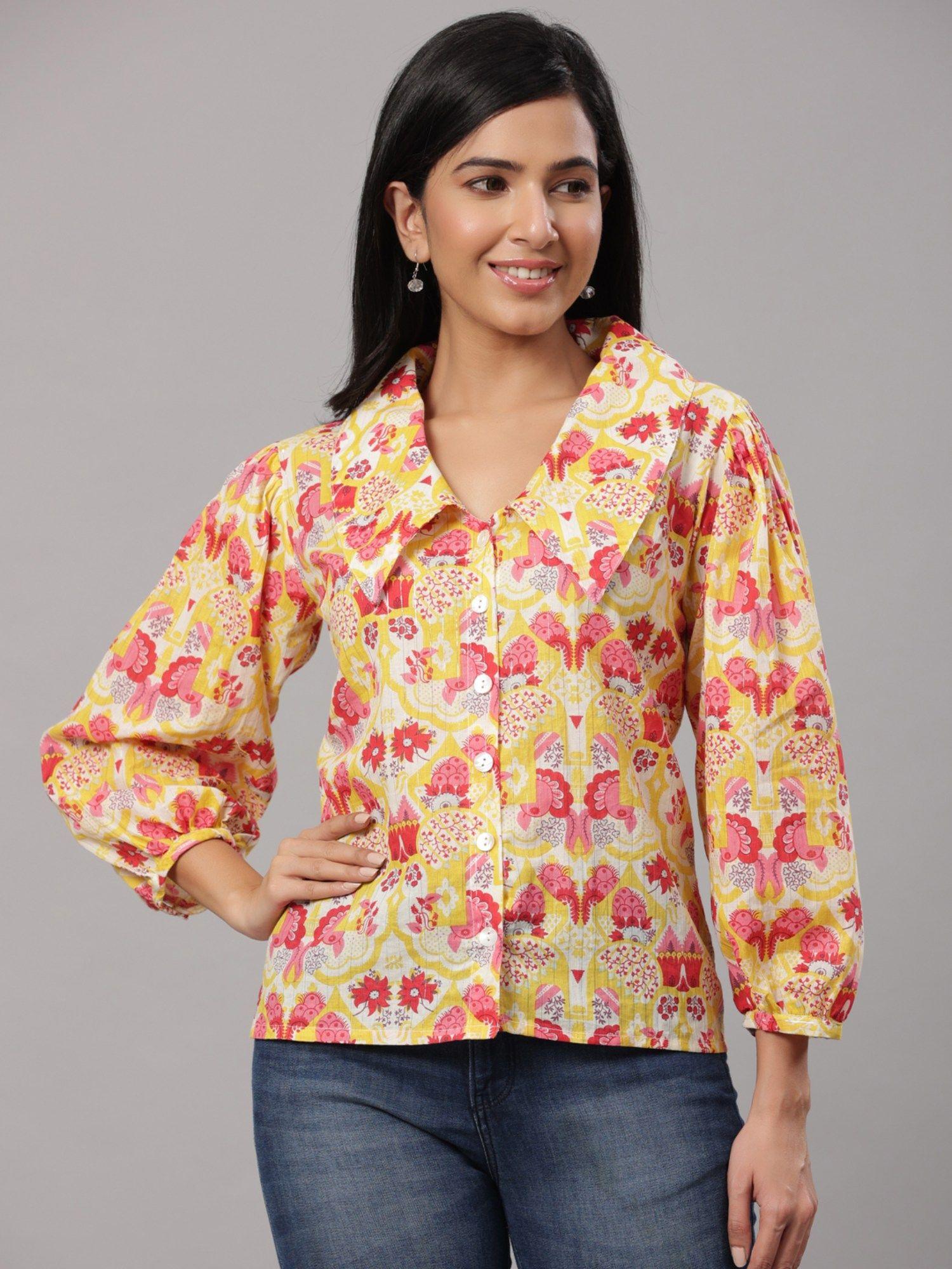 yellow printed collar shirt top