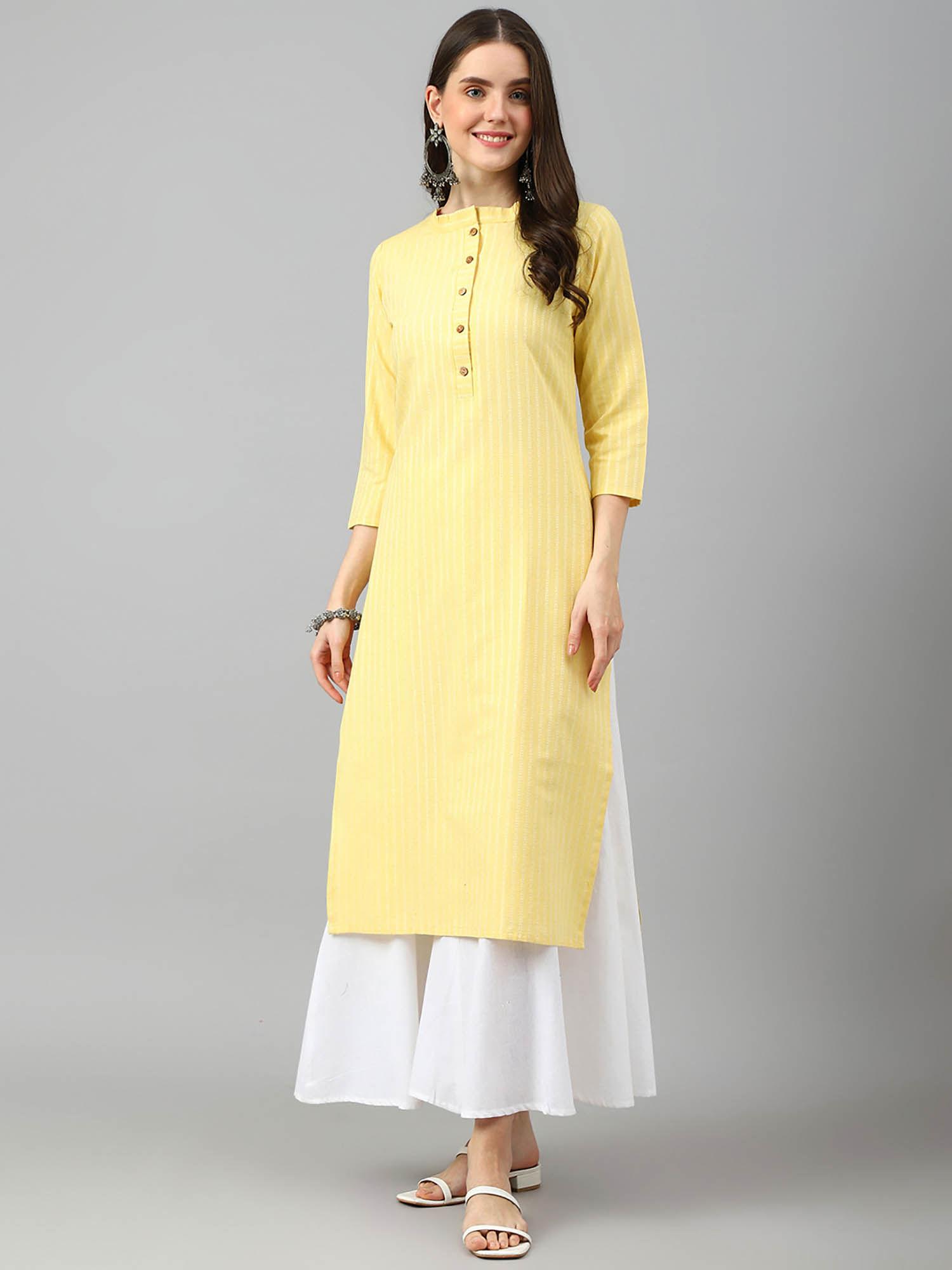 yellow printed cotton blend kurta