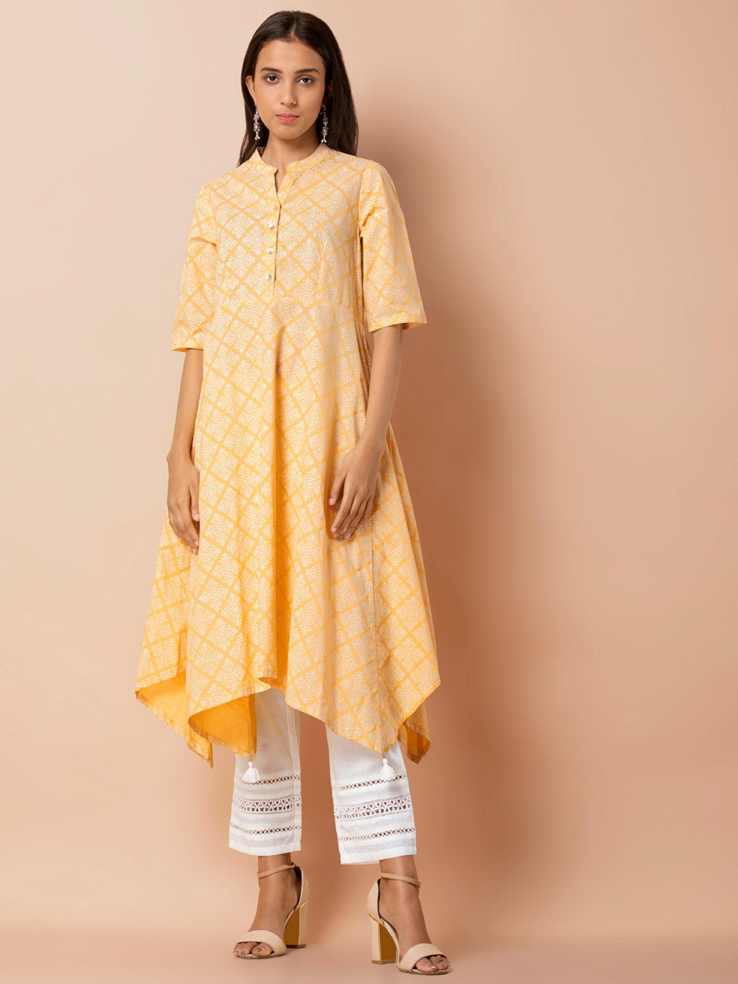 yellow printed cotton high low tunic