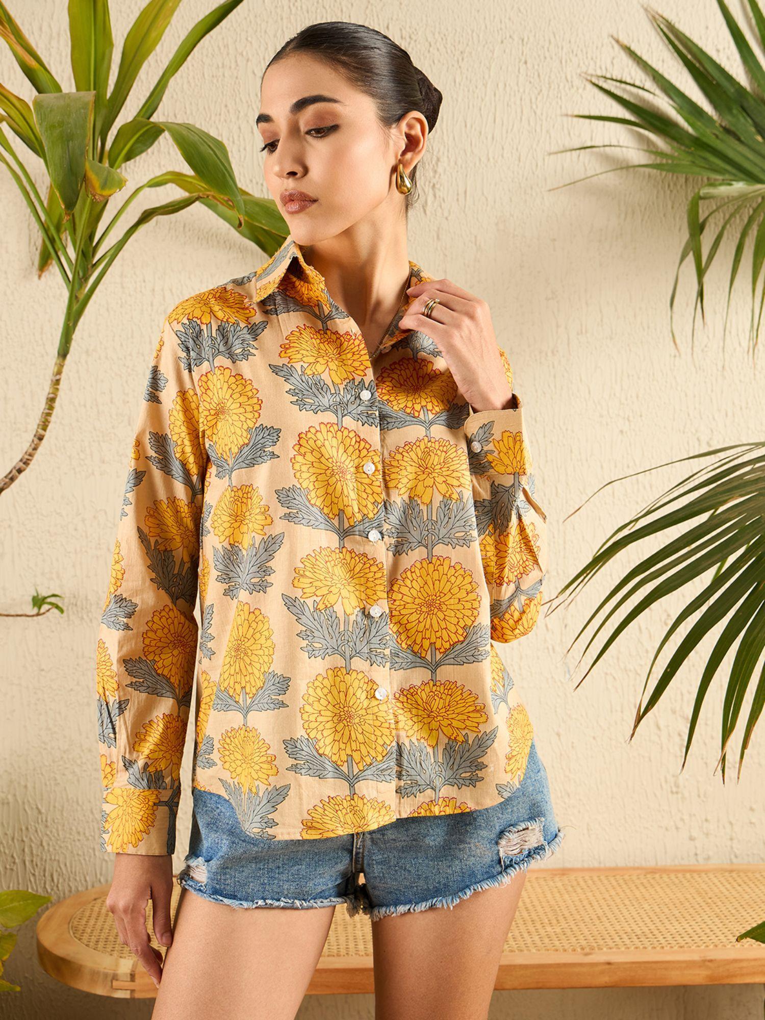 yellow printed cotton shirt