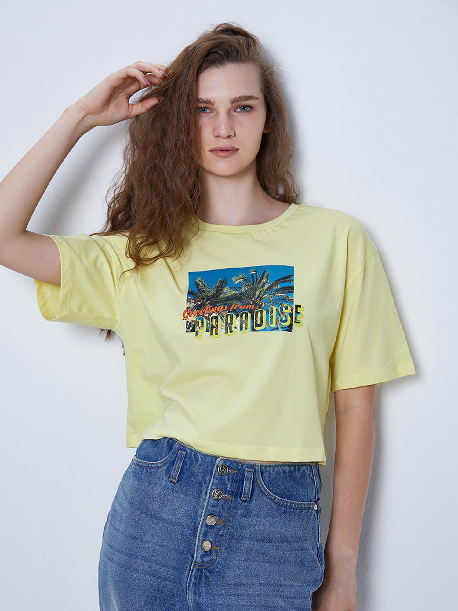 yellow printed crop t-shirt