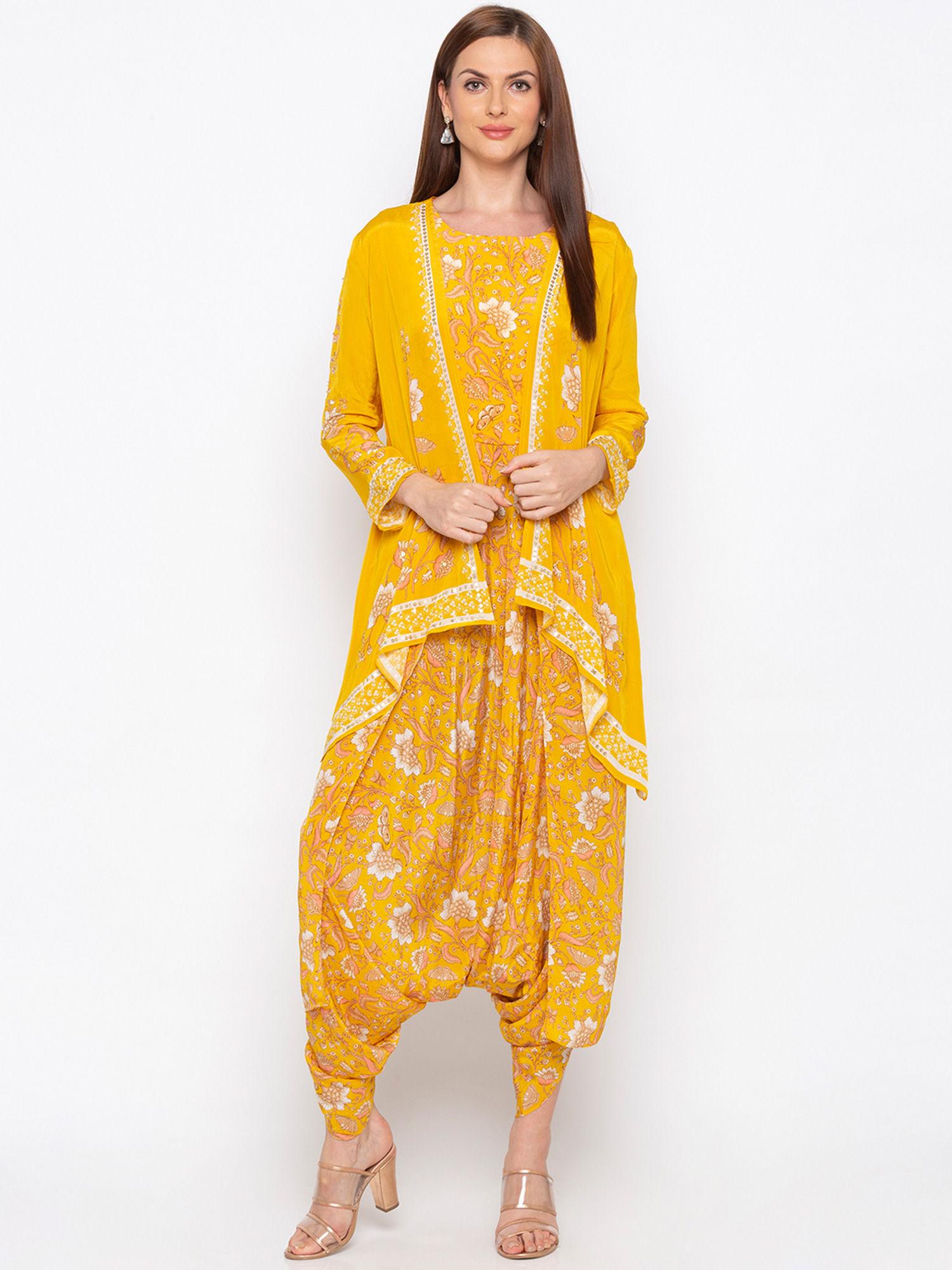 yellow printed dhoti jumpsuit with jacket - customisable (set of 2)