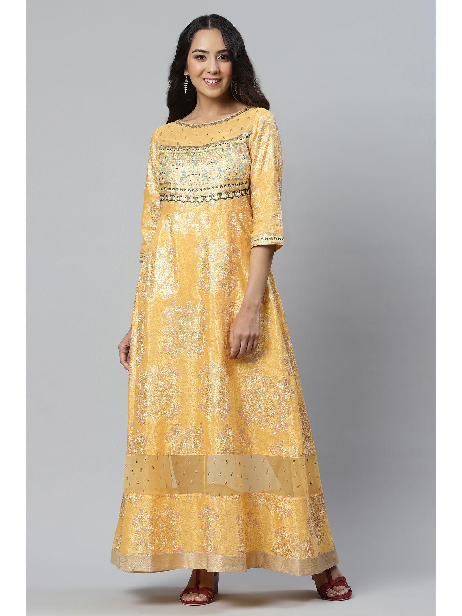 yellow printed dress with cutout details