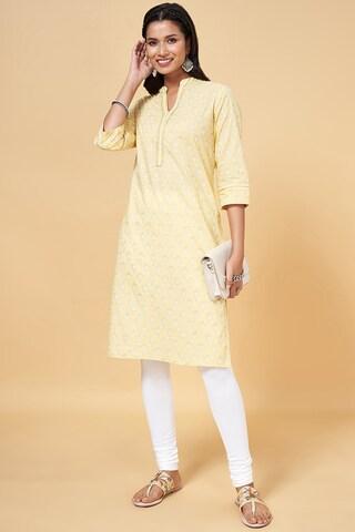 yellow printed ethnic mandarin 3/4th sleeves calf-length women regular fit kurta