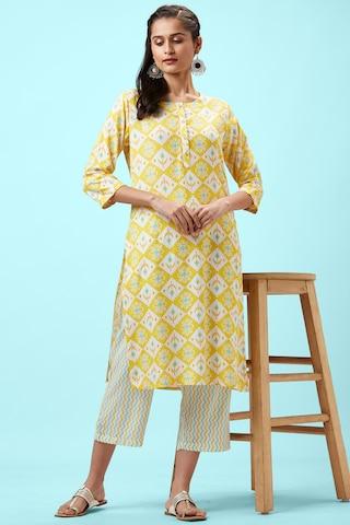 yellow printed ethnic round neck 3/4th sleeves calf-length women regular fit kurta pant set