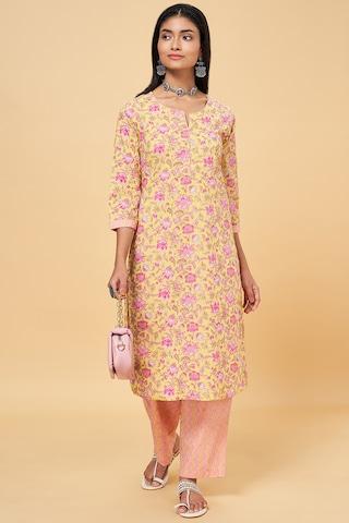 yellow printed ethnic round neck 3/4th sleeves knee length women regular fit kurta pant set