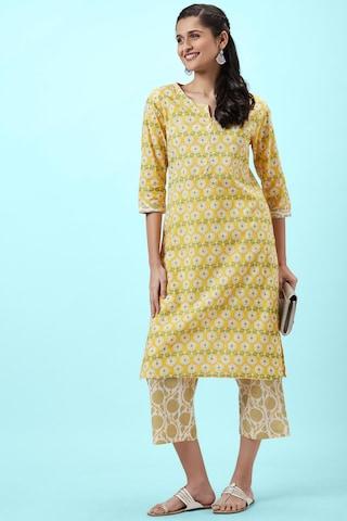 yellow printed ethnic round neck 3/4th sleeves knee length women regular fit kurta pyjama set