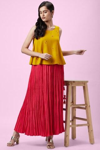 yellow printed ethnic sleeveless u neck women regular fit top