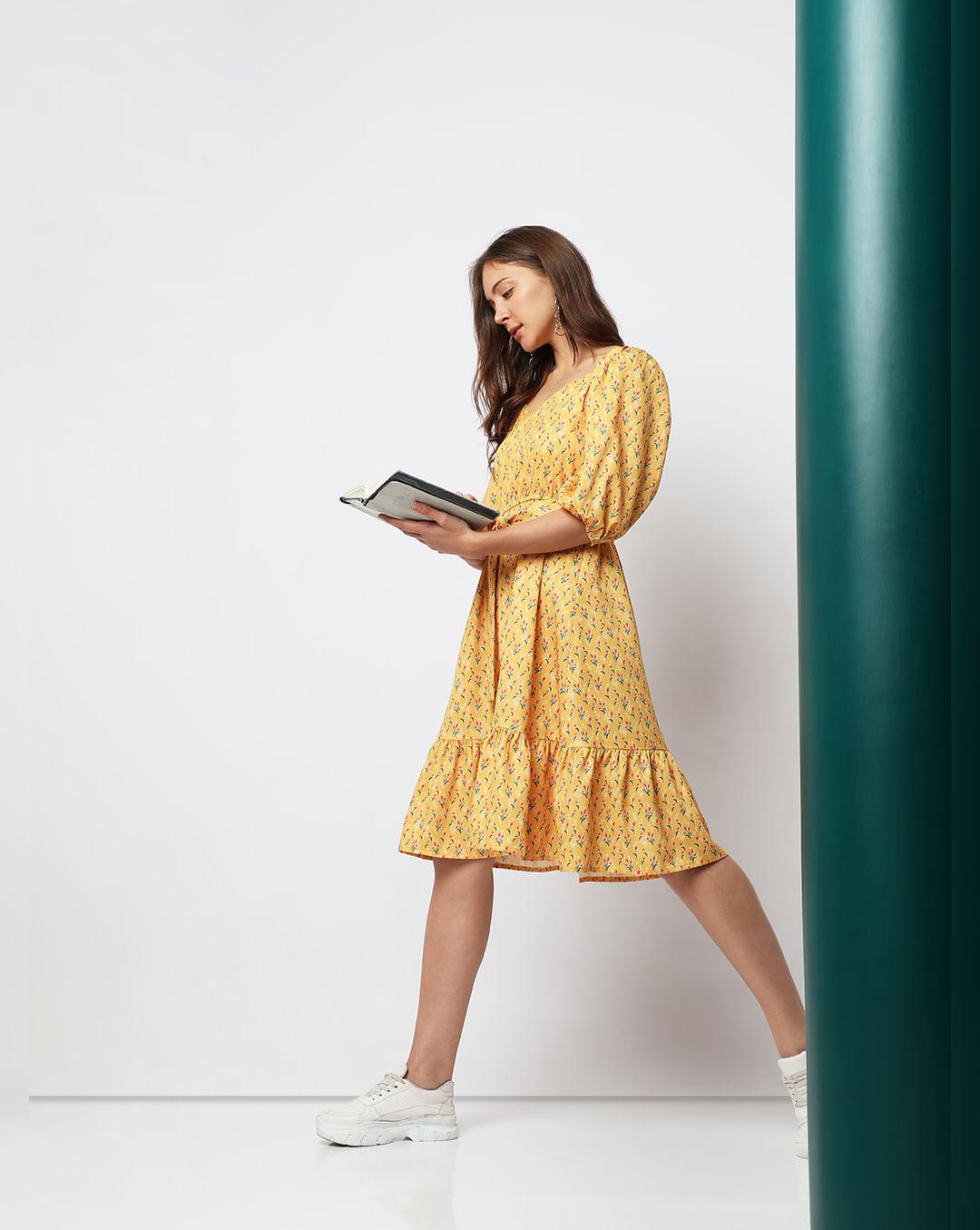 yellow printed fit & flare dress