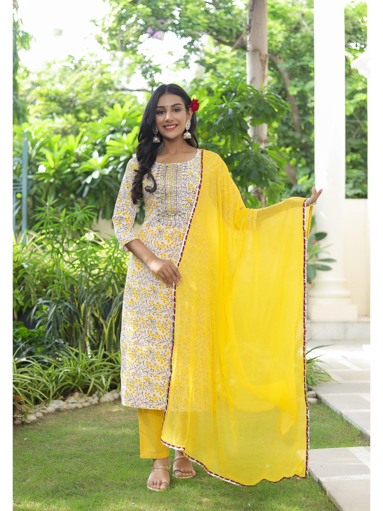 yellow printed gota work suit (set of 3)