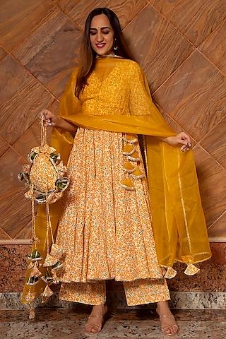 yellow printed kurta set