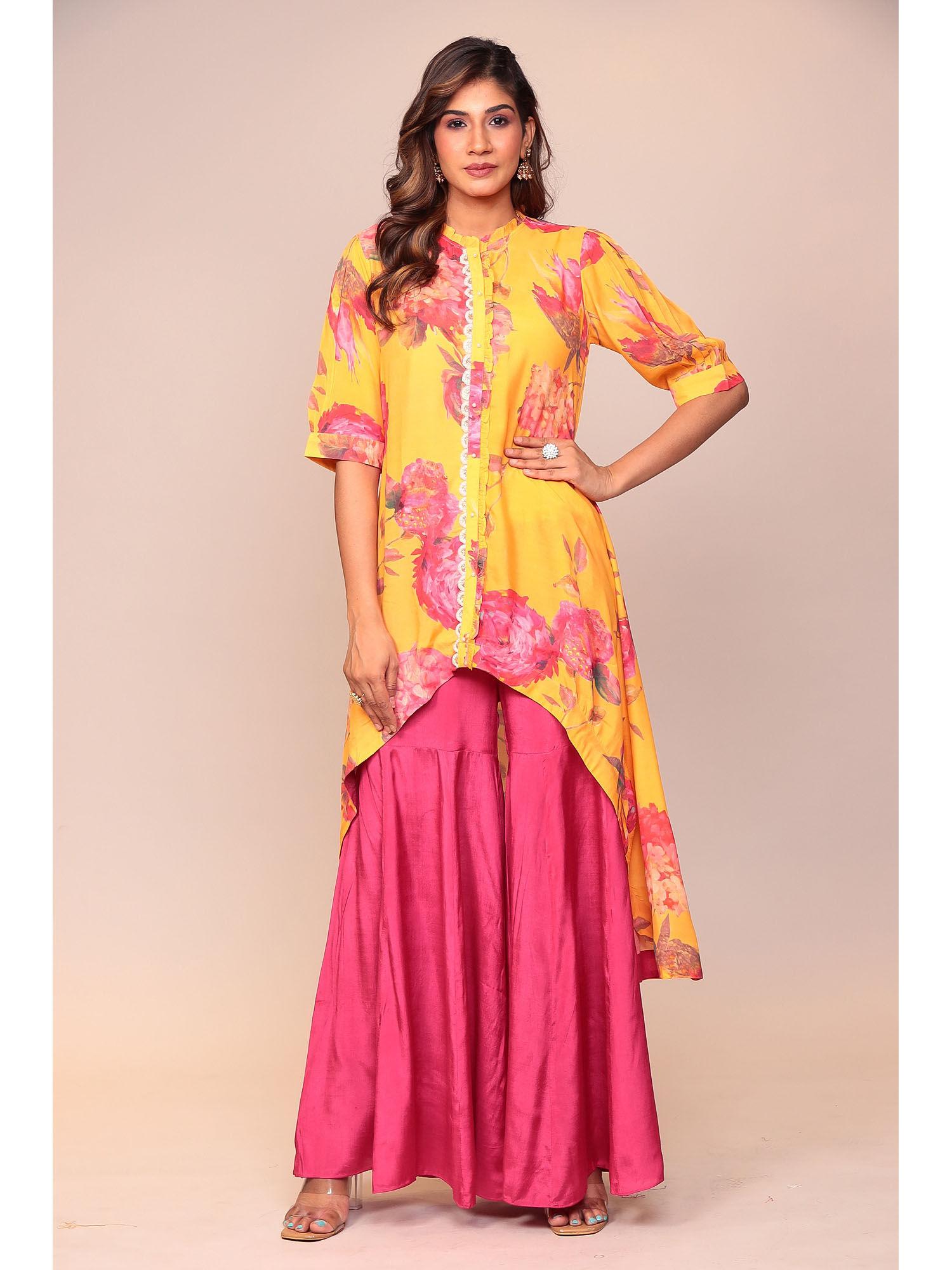 yellow printed kurta sharara (set of 2)