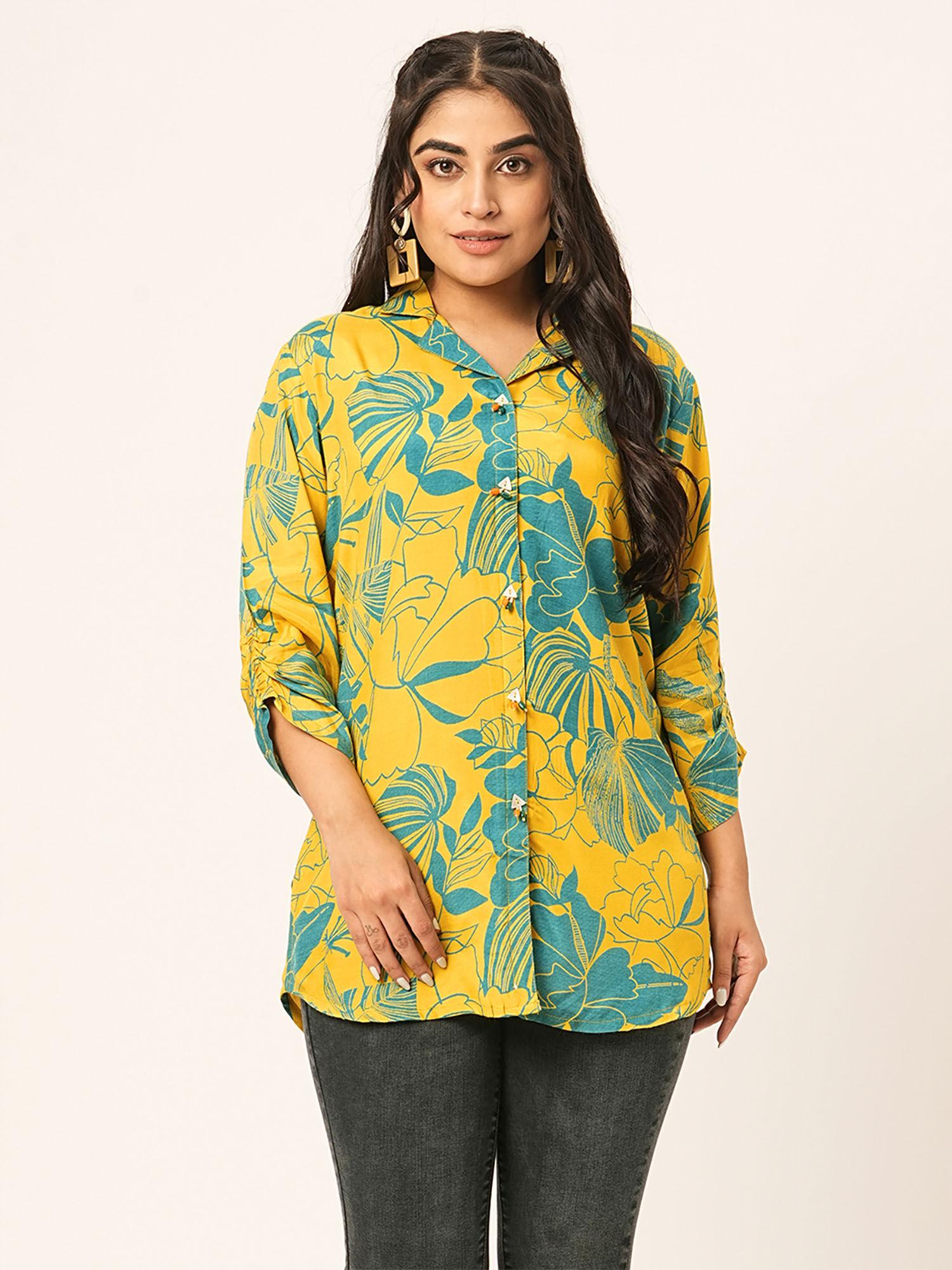 yellow printed muslin stitched shirt kurti for women