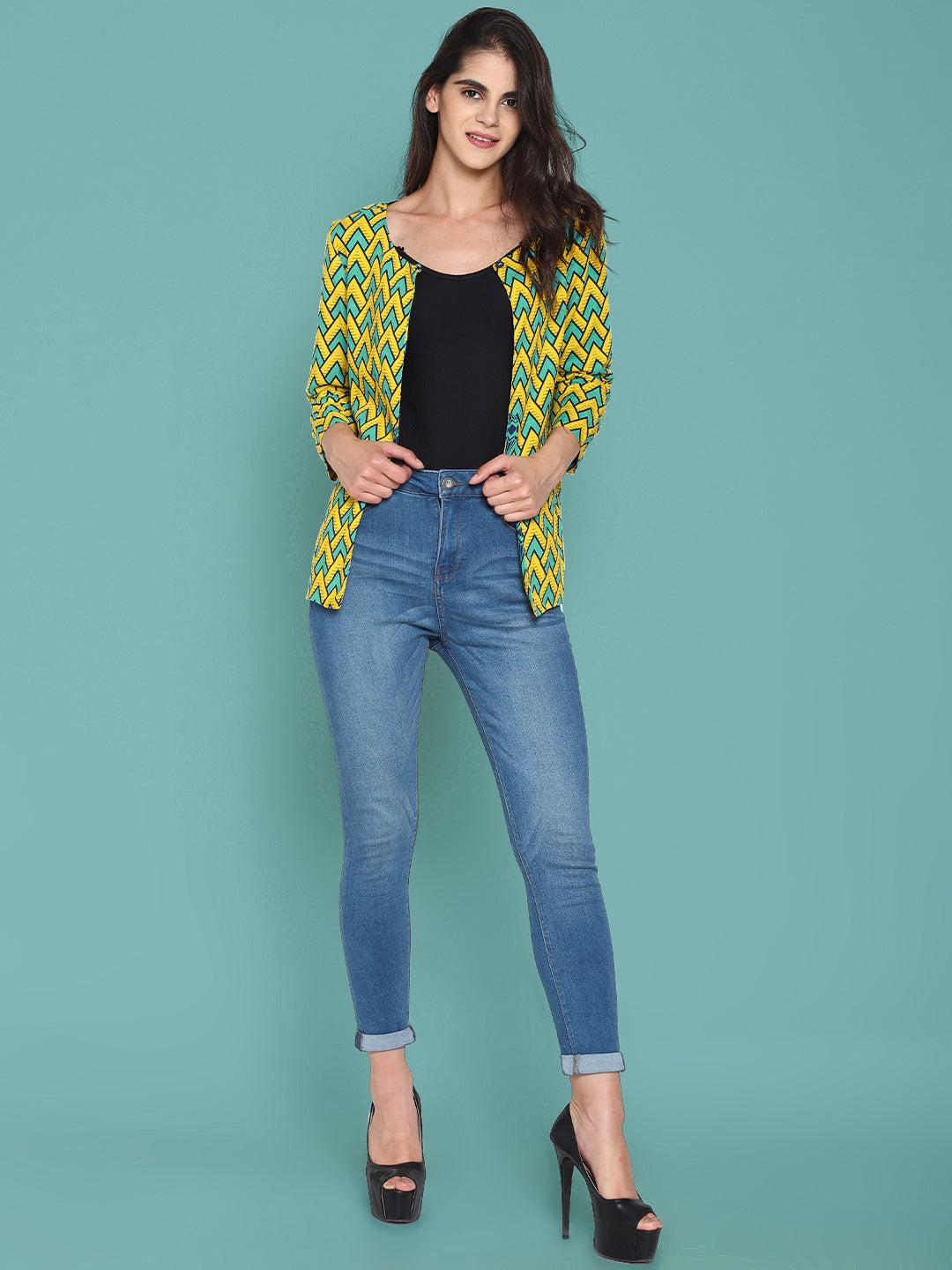 yellow printed open-front shrug