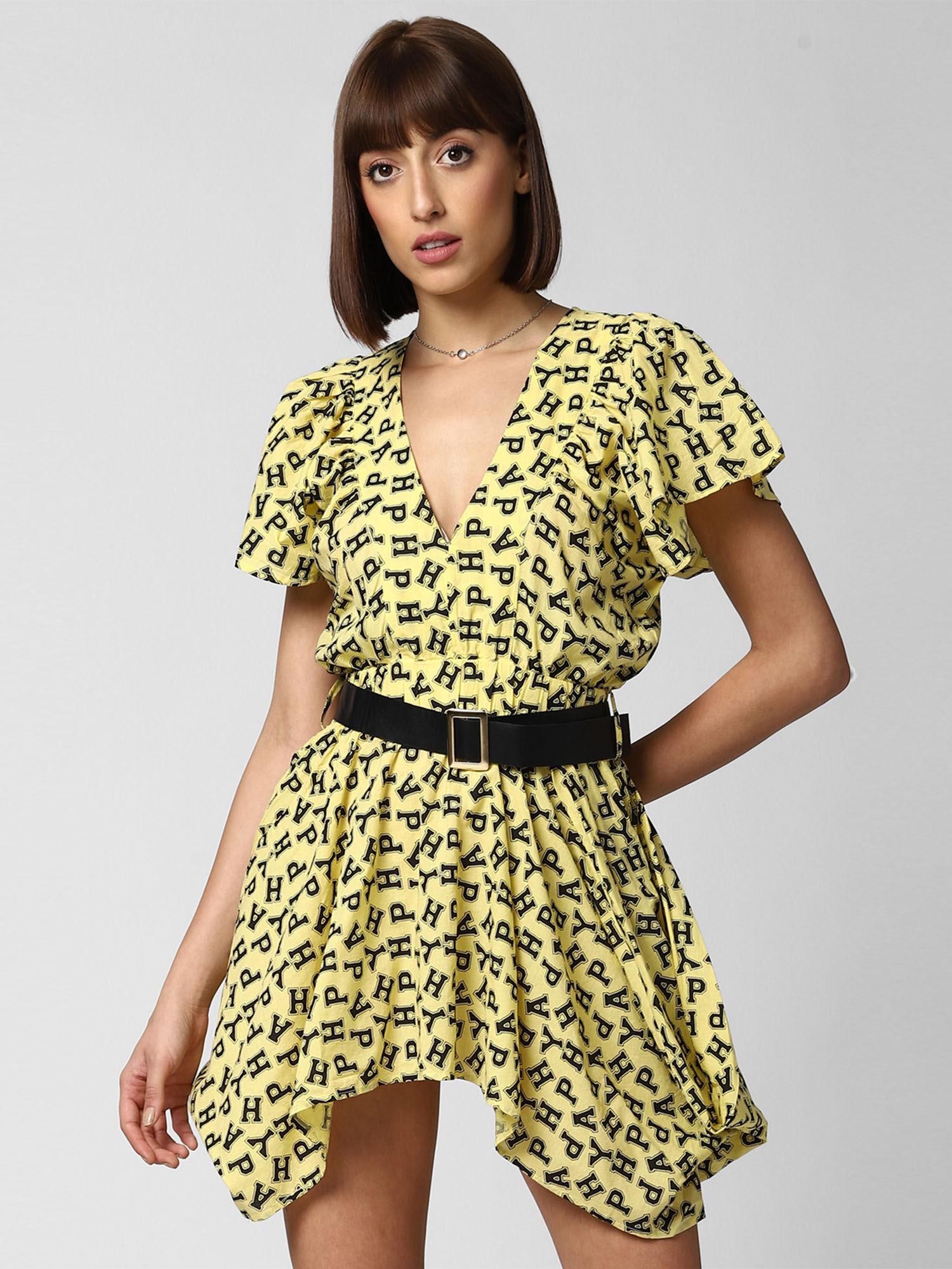 yellow printed overall mini dress