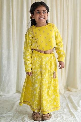 yellow printed palazzo pant set with hair bow clip for girls