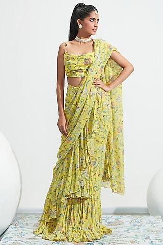 yellow printed pre-stitched saree set