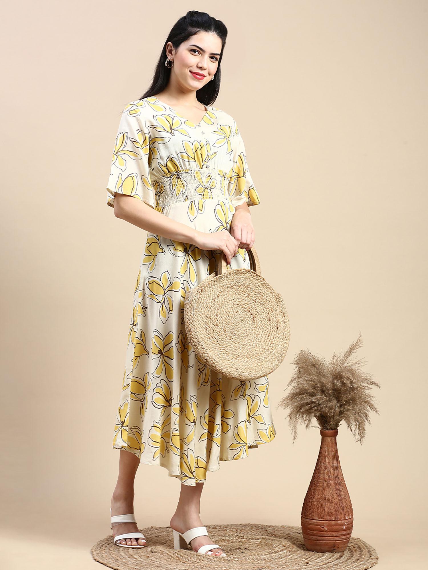 yellow printed rayon smocked dress