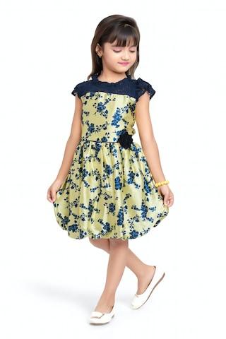 yellow printed round neck casual knee length cap sleeves girls regular fit dress