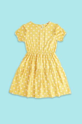 yellow printed round neck casual knee length short sleeves girls regular fit dress