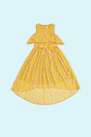 yellow printed round neck casual knee length sleeveless girls regular fit dress