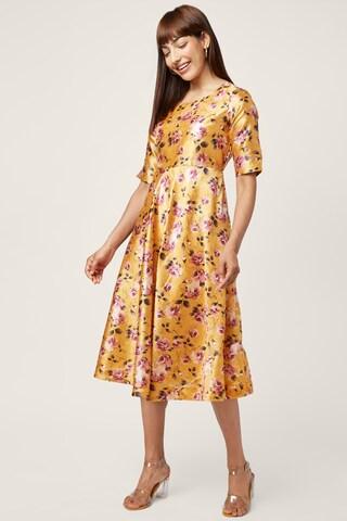 yellow printed round neck ethnic calf-length half sleeves women regular fit dress