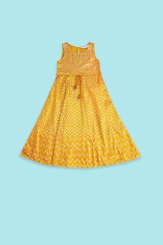 yellow printed round neck ethnic full length sleeveless girls regular fit dress