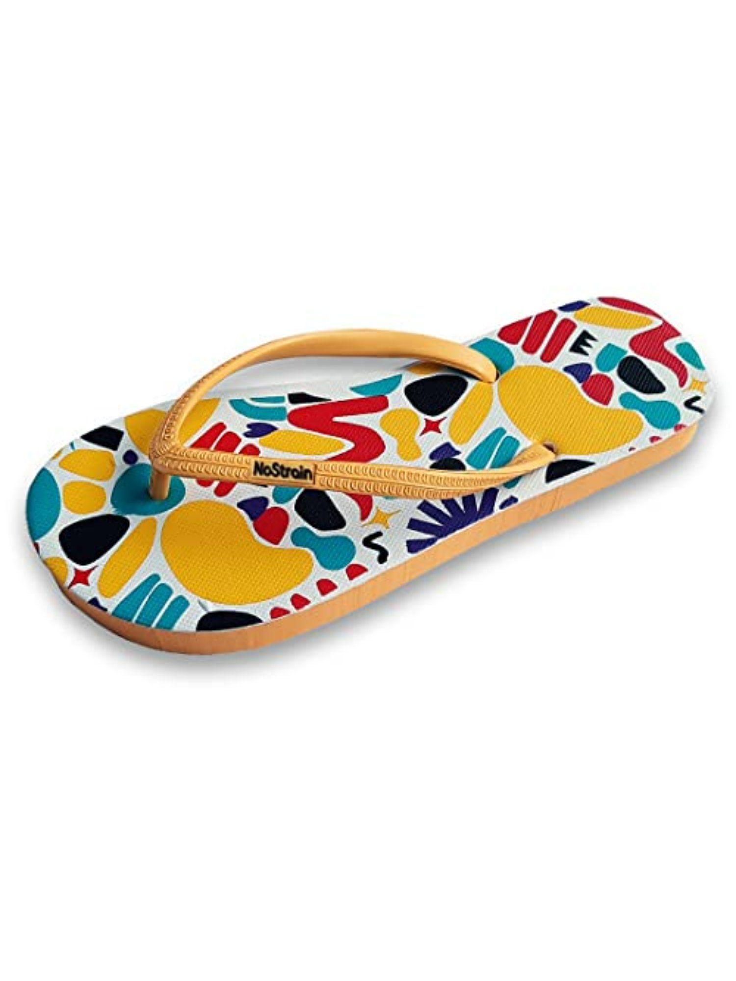 yellow printed rubber women flip flops for regular wear